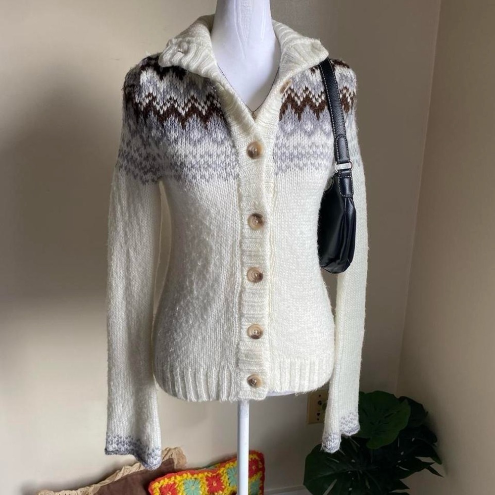 Y2K fuzzy white fair isle cardigan - Picture 5 of 8